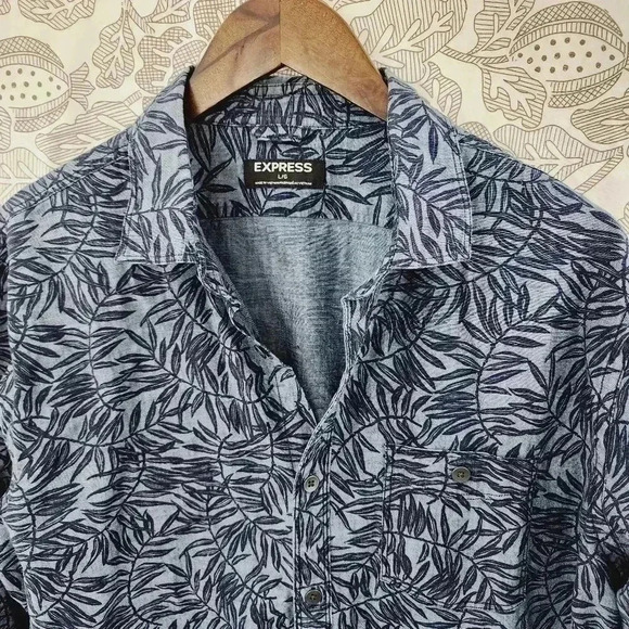 Express Cotton Button down Long sleeve  Men's L Leaves Printed All over print - Picture 2 of 6